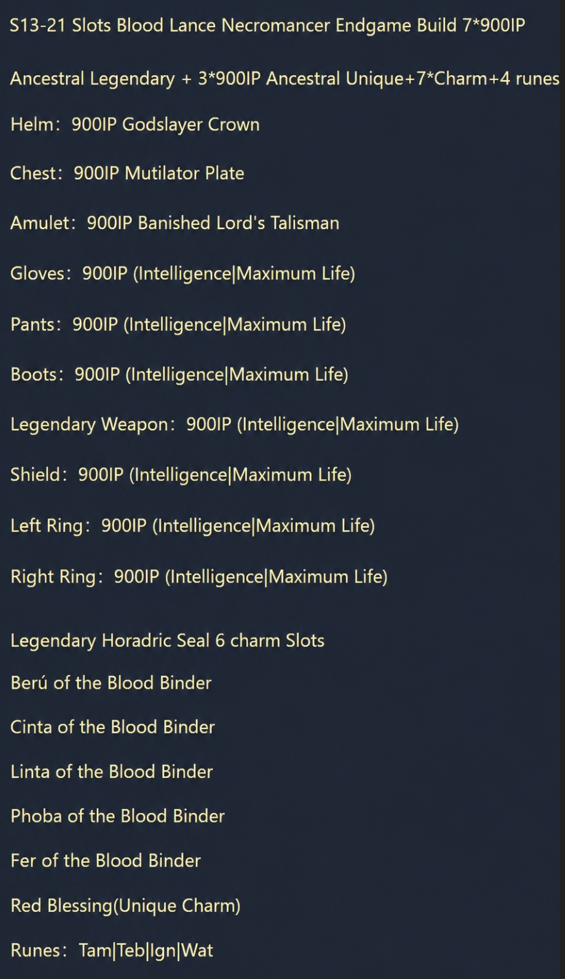 S13-21 Slots Blood Lance Necromancer Endgame Build 7*900IP Ancestral Legendary + 3*900IP Ancestral Unique+7*Charm+4 runes - Image 2