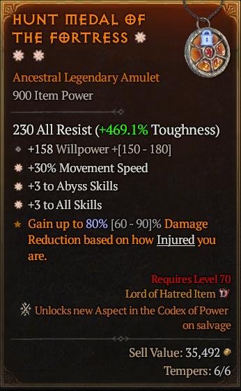 S13 - 3GA Amulet + +158 Willpower/+30% Movement Speed/+3 to Abyss Skills/+3 to All Skills
