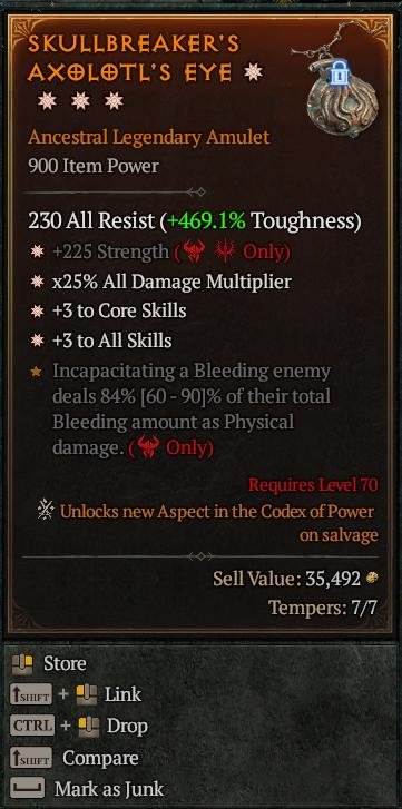 S13 - 4GA Amulet + 225 Strength/x25% All Damage Multiplier/+3 to Core Skills/+3to All Skills