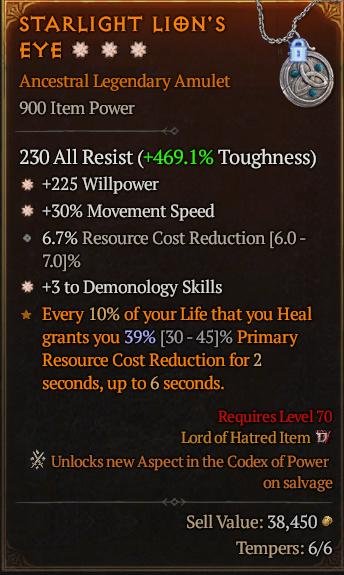 3GA Amulet +225 Willpower/+30% Movement Speed/6.7% Resource Cost Reduction [6.0 -7.0]%/+3 to Demonology Skills yly