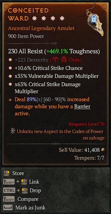 S13 - 4GA Amulet + 225 Dexterity/+10.6% Critical Strike Chance/x35% Vulnerable Damage Multiplier/x63% Critical Strike Damage Multiplier